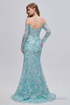 Pastel Blue Sparkly Embroidery Long Sleeve Mermaid Evening Dresses