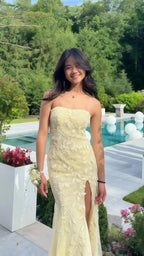 Pastel Yellow Lace Strapless Long Formal Prom Dresses With Side Slit