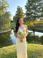 Pastel Yellow Formal Prom Dresses, Elegant Lace Formal Evening Dresses