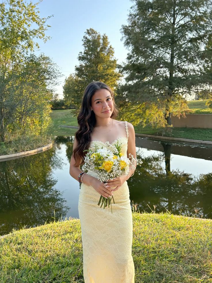 Pastel Yellow Formal Prom Dresses, Elegant Lace Formal Evening Dresses