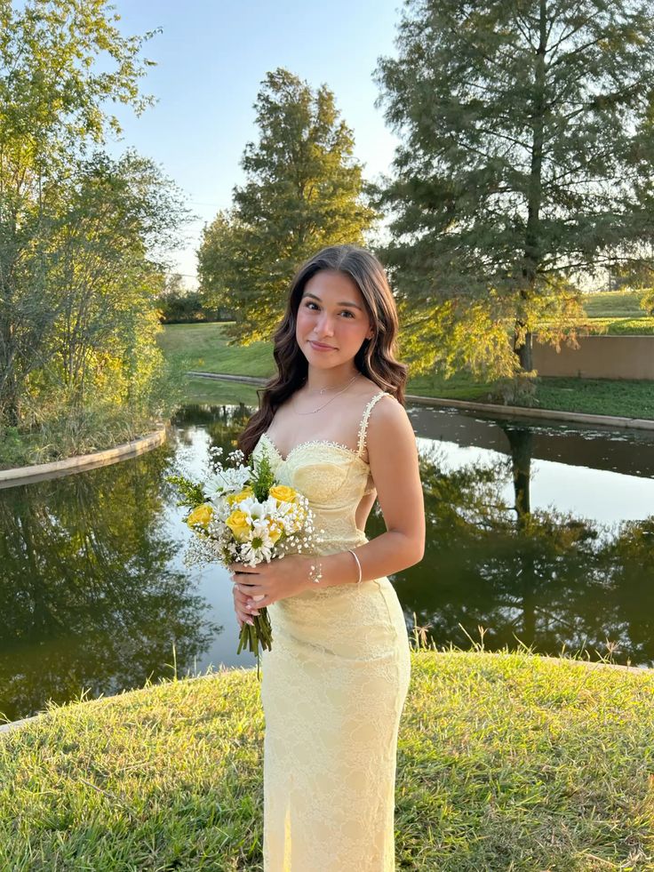 Pastel Yellow Formal Prom Dresses, Elegant Lace Formal Evening Dresses Main image