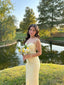 Pastel Yellow Formal Prom Dresses, Elegant Lace Formal Evening Dresses