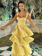 Pastel Yellow Ruffle Tiered A-Line Long Party Formal Prom Dresses