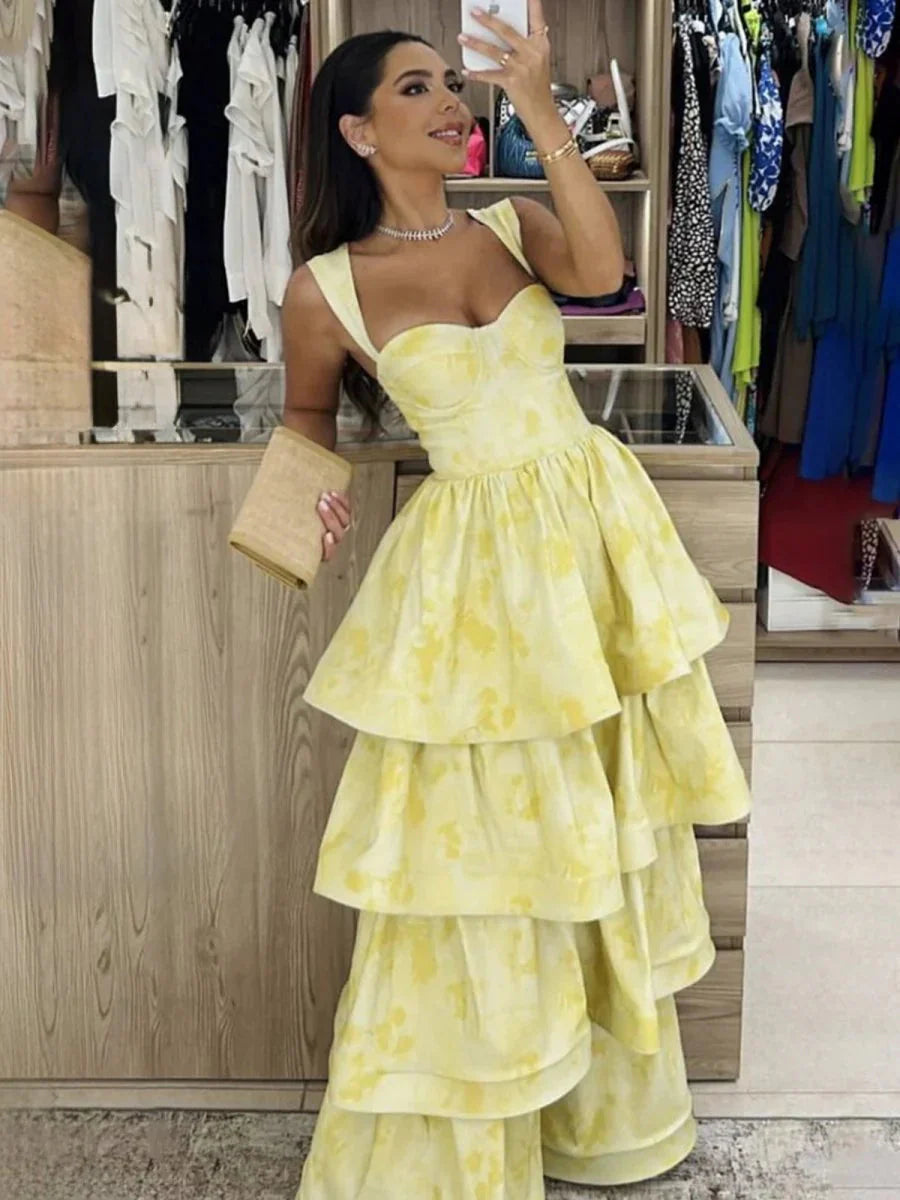 Pastel Yellow Ruffle Tiered A-Line Long Party Formal Prom Dresses