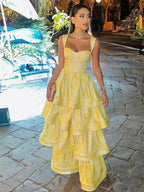 Pastel Yellow Ruffle Tiered A-Line Long Party Formal Prom Dresses