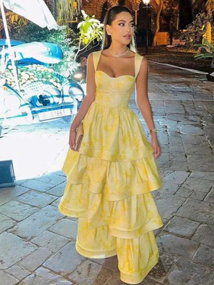 Pastel Yellow Ruffle Tiered A-Line Long Party Formal Prom Dresses