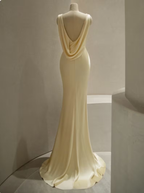 Pastel Yellow Satin Backless Mermaid Long Formal Prom Dresses