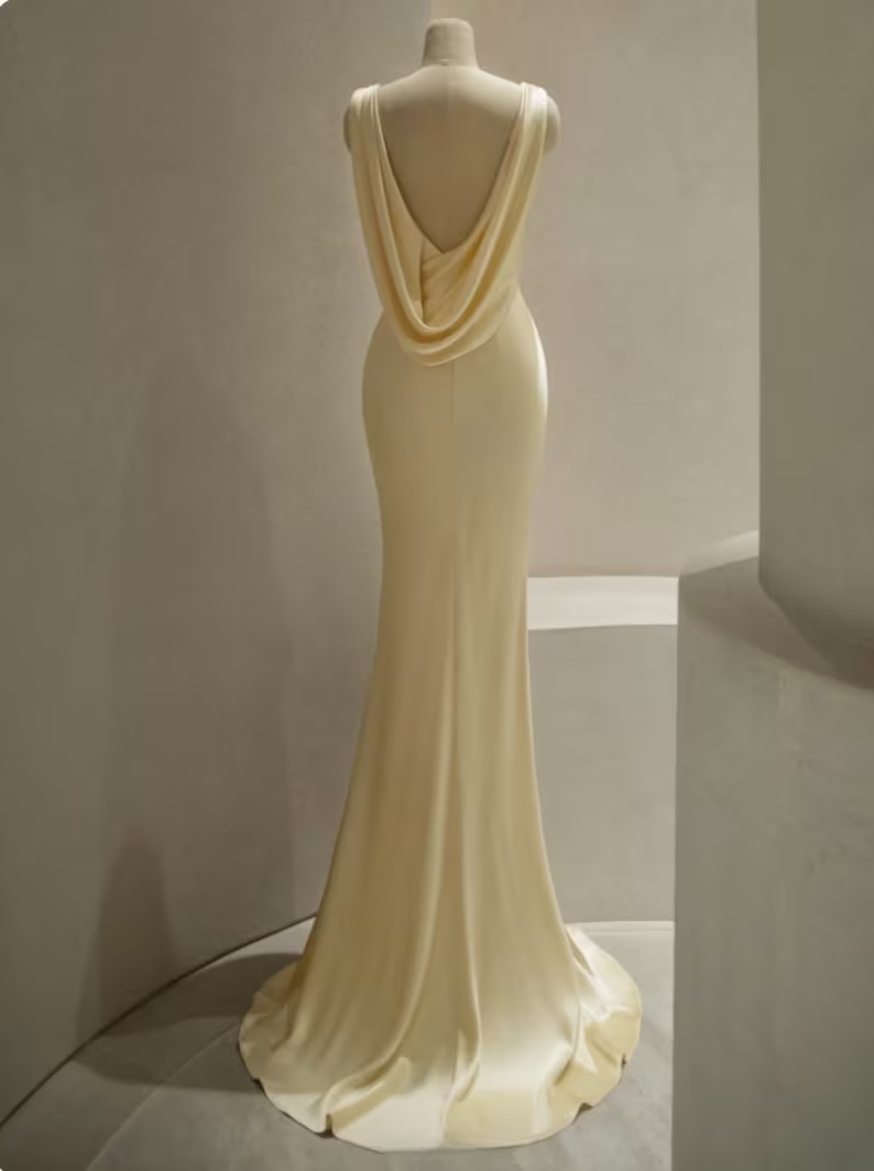 Pastel Yellow Satin Backless Mermaid Long Formal Prom Dresses