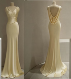 Pastel Yellow Satin Backless Mermaid Long Formal Prom Dresses