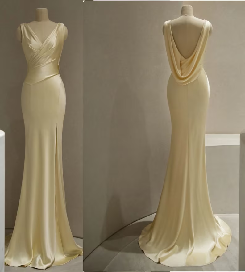 Pastel Yellow Satin Backless Mermaid Long Formal Prom Dresses