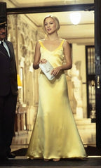 Pastel Yellow Sheath Long Formal Prom Dresses Cute Satin Formal Evening Party Dresses