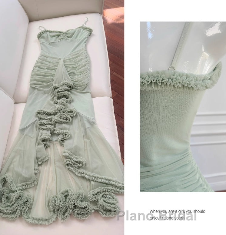 Pea Green Suspender Long Dresses