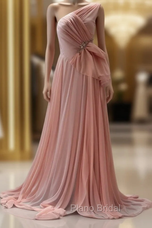Peach A-Line One Shoulder Chiffon Long Formal Prom Dresses Simple Bridal Dresses Main image