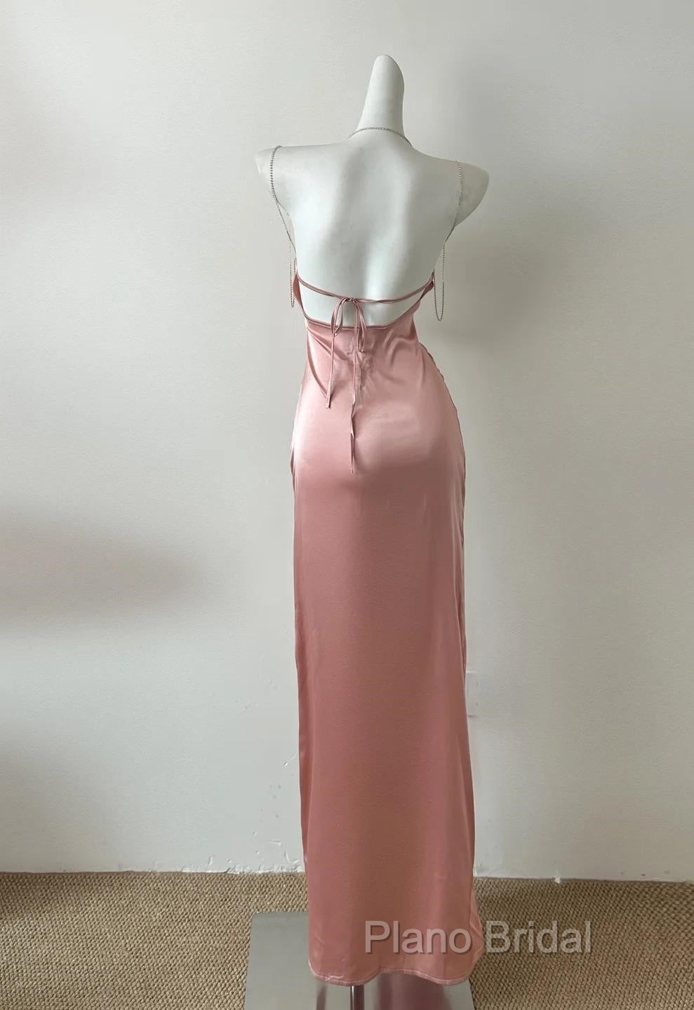 Peach Pink Diamond Spaghetti Strap Satin Bodycon Ball Dresses Secondary image