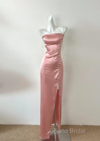 Peach Pink Diamond Spaghetti Strap Satin Bodycon Ball Dresses