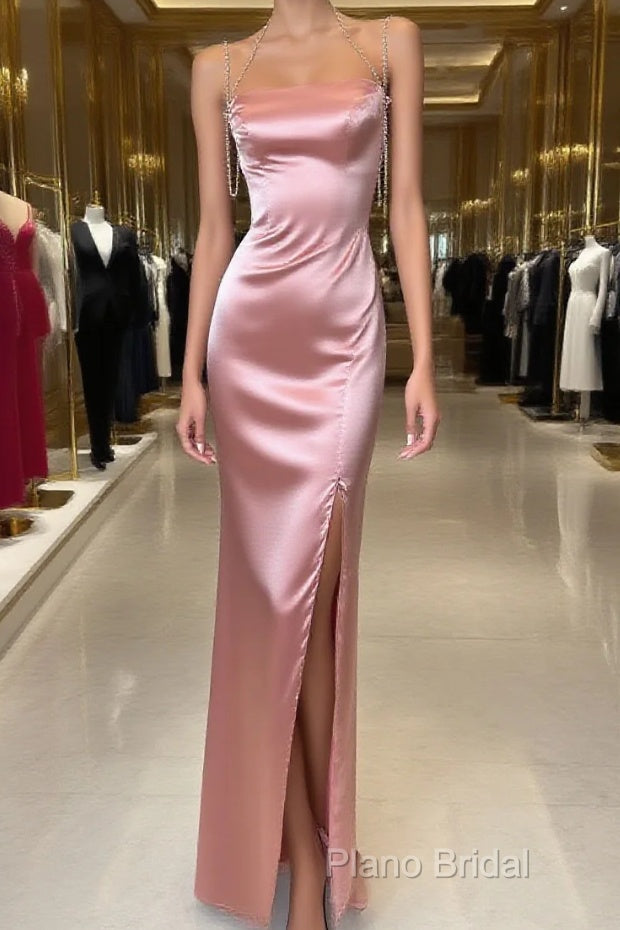 Peach Pink Diamond Spaghetti Strap Satin Bodycon Ball Dresses Main image