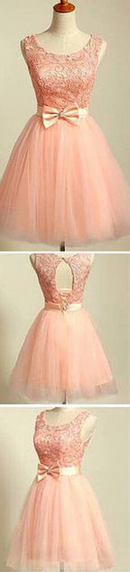Peach Pink lace lovely for teens modest formal homecoming Dresses