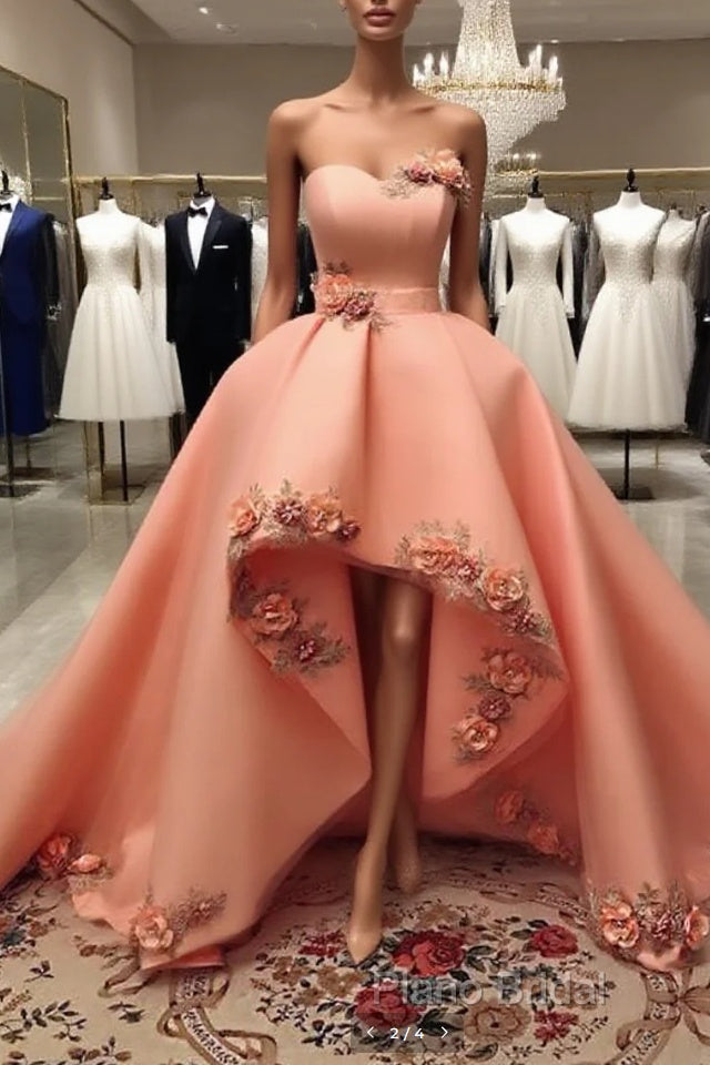 Peach Sweetheart High Low Dresses With 3D Flowers Main image