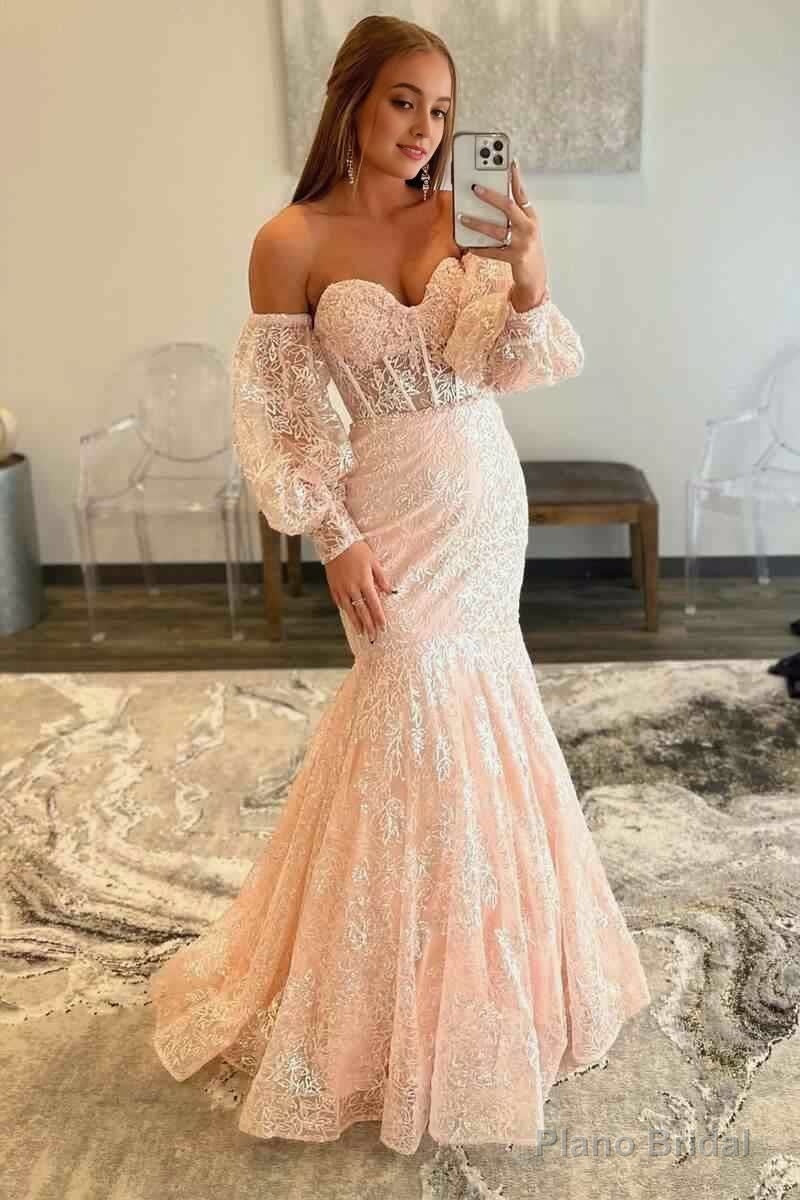 Peach Sweetheart Sheer Lace Corset Mermaid Prom Dress Main image