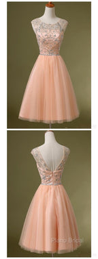 Peach Tulle Beaded Short Cute Homecoming Dresses