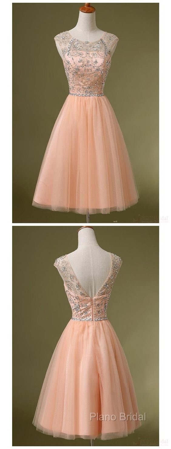 Peach Tulle Beaded Short Cute Homecoming Dresses