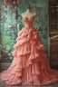 Peach Vintage A-Line Sweetheart Neck Long Formal Evening Gown Sweet Beaded Applique Dresses