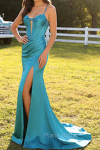 Peacock Blue Corset Mermaid Cut-Out Satin Long Prom Dress with Slit