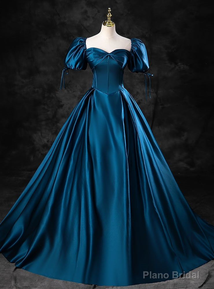 Peacock Blue Satin Sweetheart Puff Sleeve Quinceanera Dress