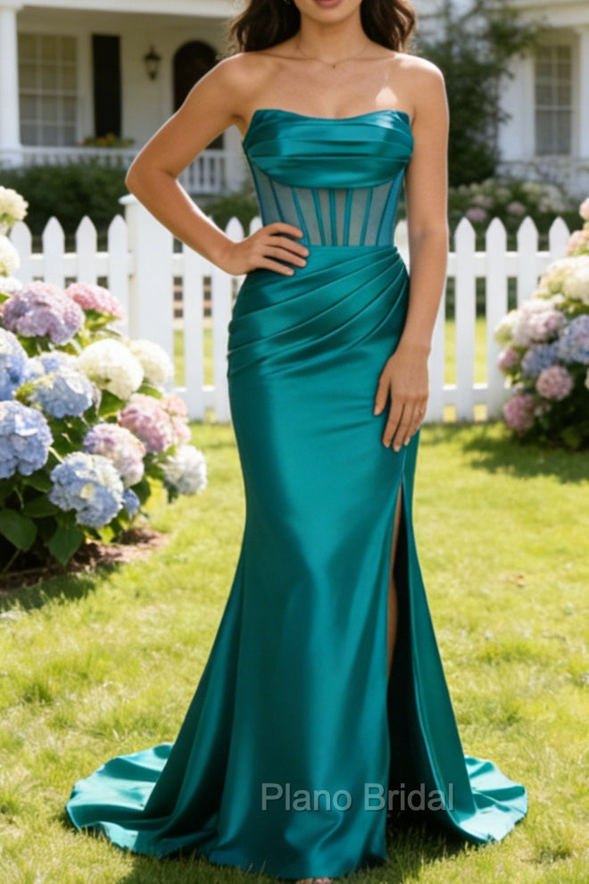 Peacock Mermaid Strapless Pleated Corset Long Prom Dress with Slit Main image