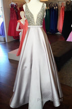 Pearl Beaded V Neck Long Silver Satin Formal Prom Dresses Floor Length
