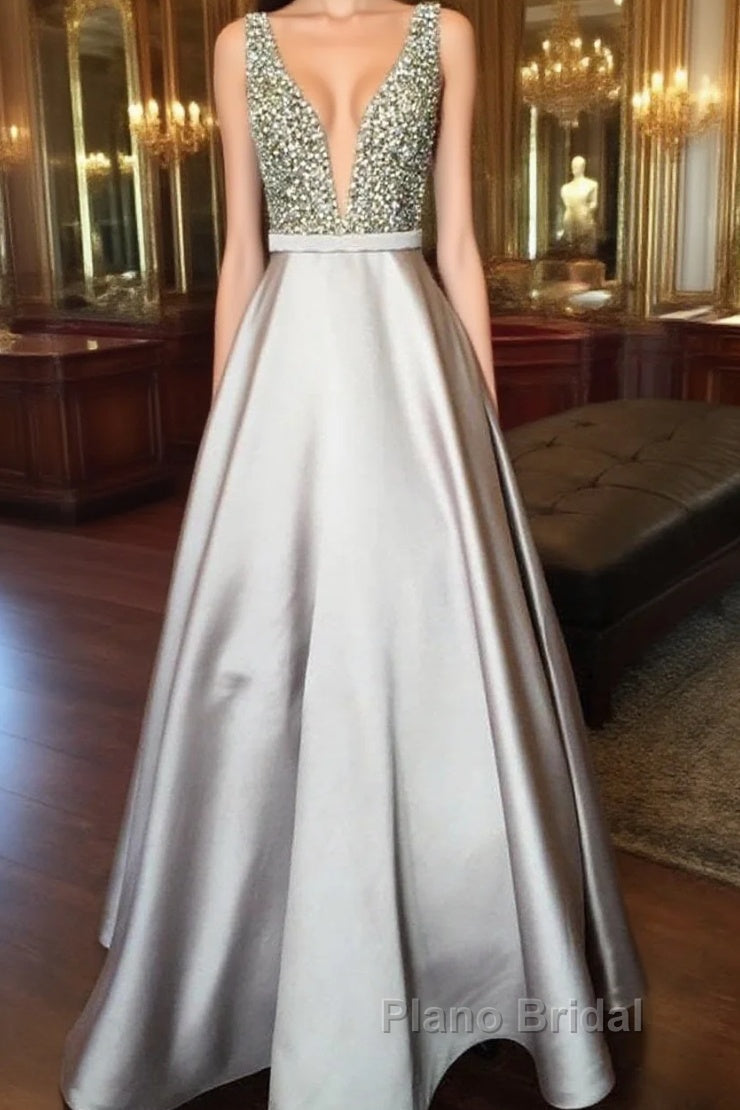 Pearl Beaded V Neck Long Silver Satin Formal Prom Dresses Floor Length Main image