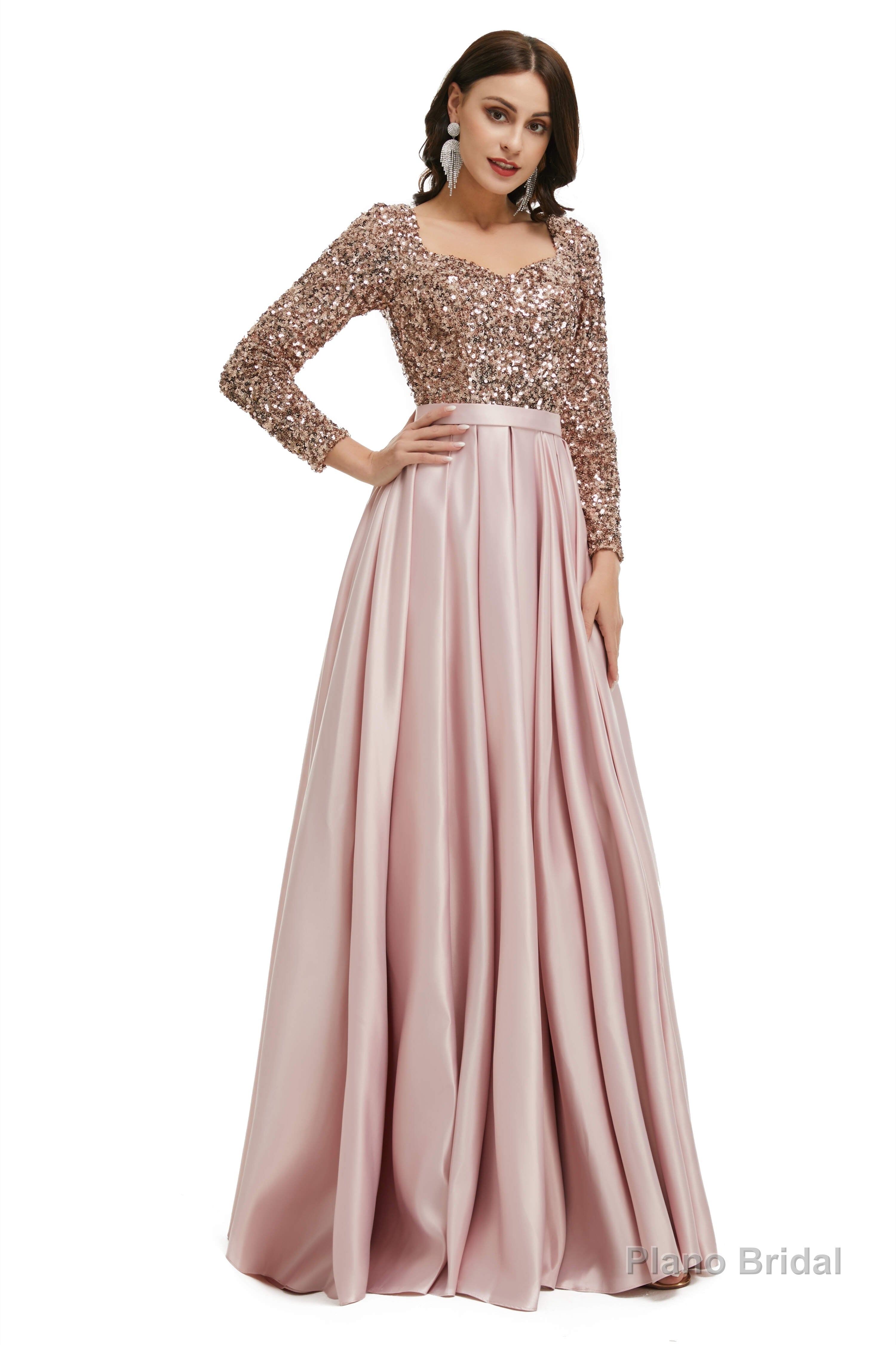 A-Line Sequins Sweet Neck Long Sleeve Prom Dresses