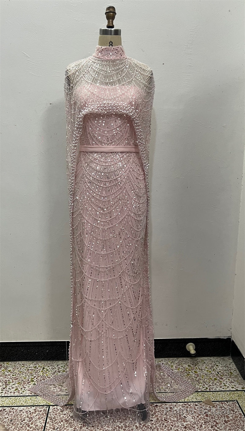 Pearl Pink Beading Prom Dresses Sweep Train High Neck Zipper Sleeveless Evening Dresses Secondary image