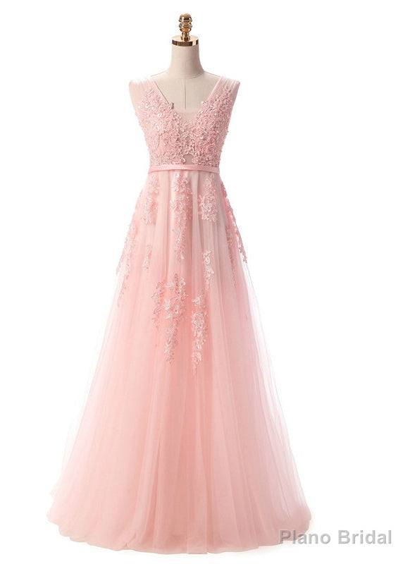 Pearl Pink Lace Appliques Backless Bridesmaid Dress Main image