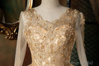 Pearl Pink Long Sleeves Formal Dress with Lace Applique, Pink Formal Gown