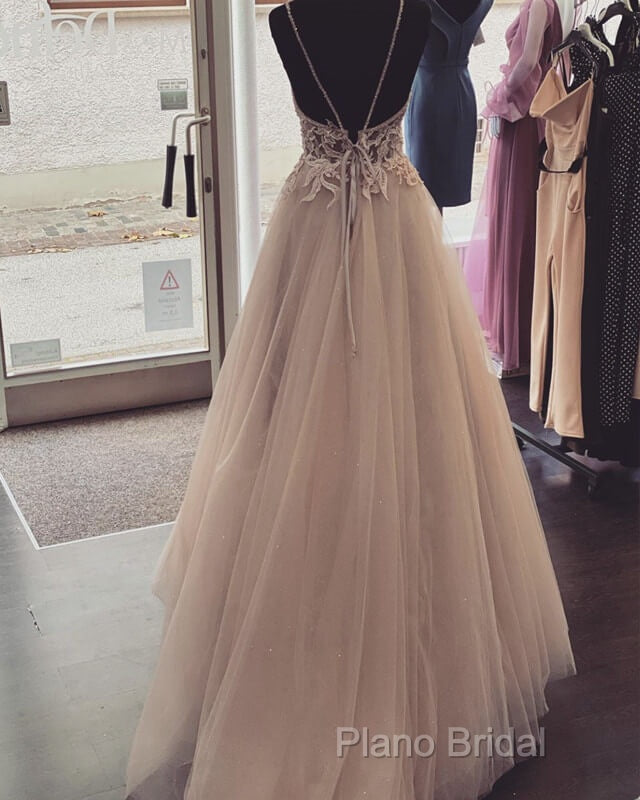 Pearl Pink Tulle Formal Prom Dresses V Neck Appliques