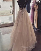 Pearl Pink Tulle Formal Prom Dresses V Neck Appliques