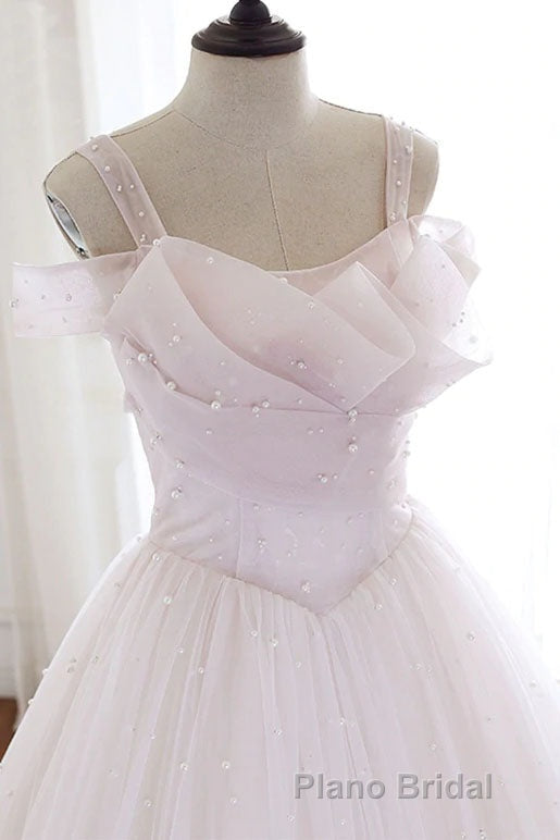 Pearl Pink Straps A Line Tulle Long Formal Prom Dresses with Pearls, Long Formal Gown