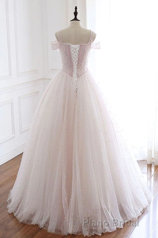 Pearl Pink Straps A Line Tulle Long Formal Prom Dresses with Pearls, Long Formal Gown Secondary image