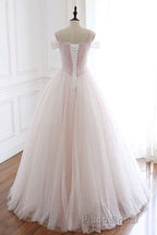 Pearl Pink Straps A Line Tulle Long Formal Prom Dresses with Pearls, Long Formal Gown