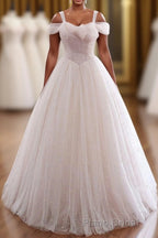 Pearl Pink Straps A Line Tulle Long Formal Prom Dresses with Pearls, Long Formal Gown