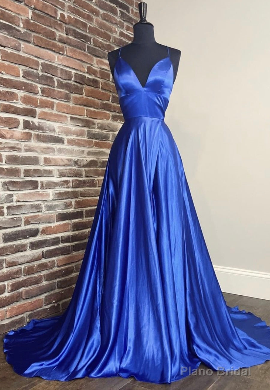 Blue V-Neck Satin Long Prom Dresses, Simple Evening Dresses Main image