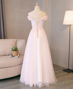 Light Pink Lace Off Shoulder Lonng Formal Prom Dresses, Pink Evening Dresses