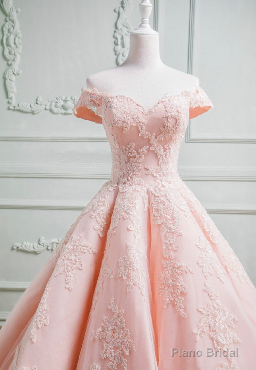 Pink Lace Long A-Line Prom Dresses, Off the Shoulder Evening Dresses Secondary image