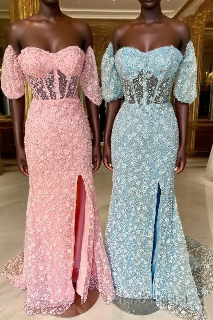 Pink 3D Floral Lace Sweetheart Mermaid Long Formal Prom Dresses with Slit Main image