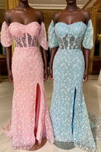 Pink 3D Floral Lace Sweetheart Mermaid Long Formal Prom Dresses with Slit