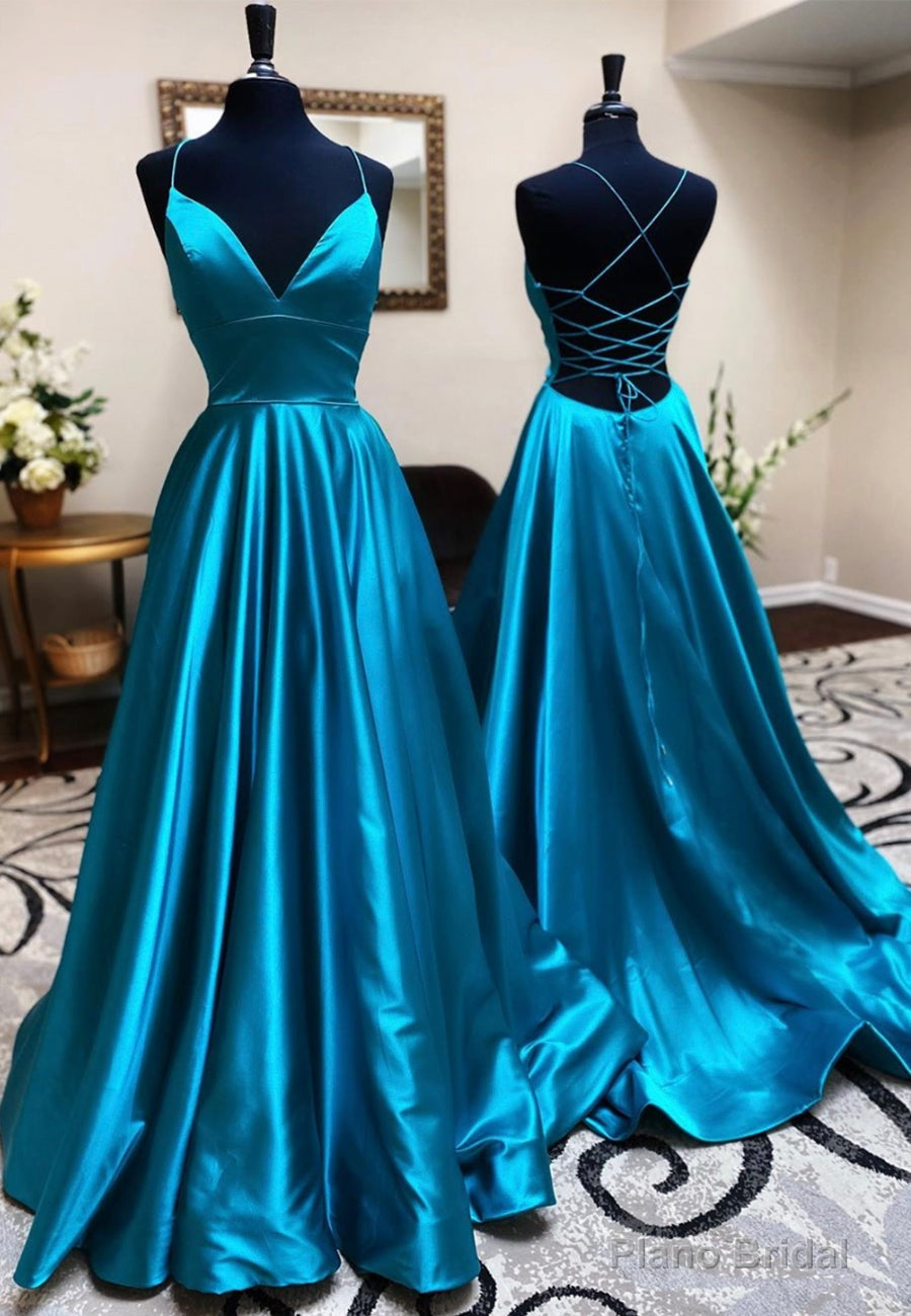 Blue V-Neck Satin Long Prom Dresses, Blue Backless Evening Dresses Main image