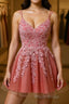 Pink A-line Double Straps V Neck Lace-Up Applique Mini Homecoming Dress