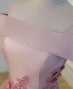 Pink A Line Off Shoulder Knee Length Prom Dress, Lace Homecoming Dresses