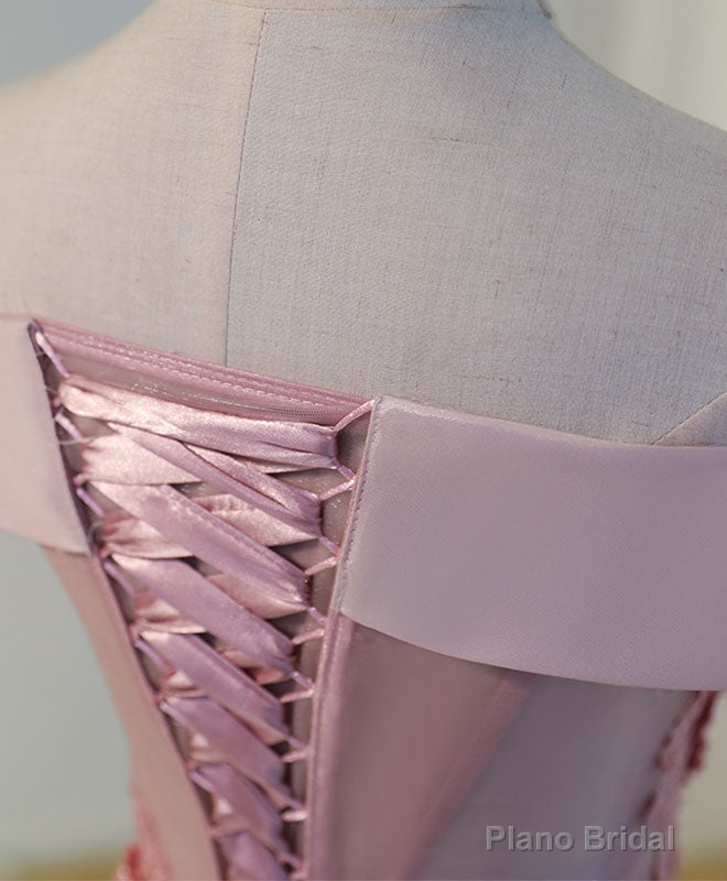 Pink A Line Off Shoulder Knee Length Prom Dress, Lace Homecoming Dresses